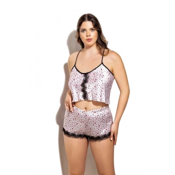 VipMarketim Öpücük Desenli Fantezi Büyük Beden Şortlu Saten Takım