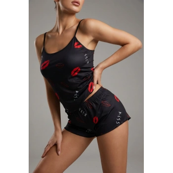 VipMarketim Öpücük Desenli Siyah Askılı Şortlu Kadın Pijama Takımı TM1358
