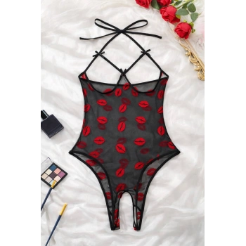 VipMarketim Öpücük Desenli Transparan Siyah Fantazi İç Giyim TM1385