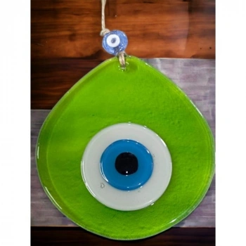 VipMarketim Orta Boy Şeffaf Yeşil Damla Desen Nazar Boncuklu Duvar Dekoru Cam Duvar Süsü