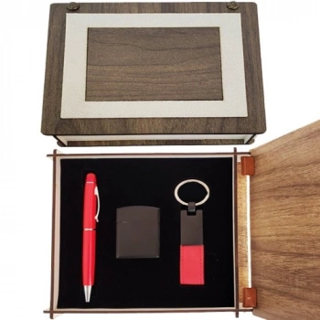 VipMarketim Özel Ahşap Kutulu Kırmızı Kalem Anahtarlık ve Çakmak Set