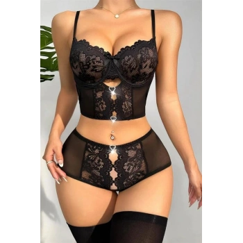 VipMarketim  Özel Bölgesi Açık Siyah Dantelli Fantezi Büstiyer Takım