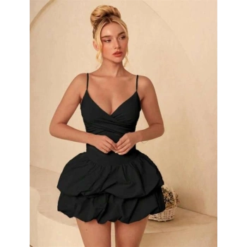 VipMarketim  Özel Şık Tasarım Fırfır Detay İnce Askılı Siyah Mini Club Elbisesi