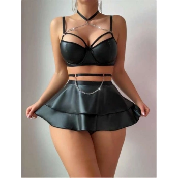 VipMarketim  Özel Şık Tasarım Siyah Etekli Pileli Zincir Detay Fantezi Deri Elbise