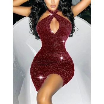 VipMarketim  Özel Tasarım Boyundan Bağlamalı Dekolteli Işıltılı Fantezi Bordo Mini Club Elbisesi