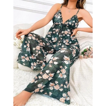 VipMarketim  Özel Tasarım Büyük Beden Çiçek Desenli Bol Kesim 2li Pijama Takımı