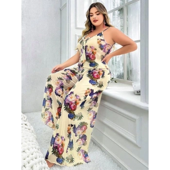 VipMarketim  Özel Tasarım Büyük Beden Çiçek Desenli İnce Askılı 2li Pijama Takımı