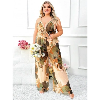 VipMarketim Özel Tasarım Büyük Beden Çiçek Desenli İnce Askılı 2Li Pijama Takımı