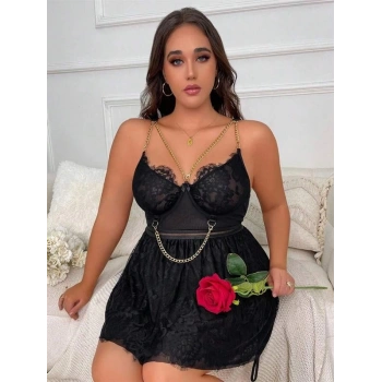 VipMarketim Özel Tasarım Büyük Beden Fantezi Zincir Detaylı Dantelli Gecelik