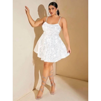 VipMarketim  Özel Tasarım Büyük Beden Payetli Parlak Işıltılı Beyaz Mini Club Elbisesi