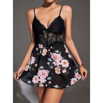 VipMarketim Özel Tasarım Çiçek Desenli Dantel İşlemeli Şık Göğüs Dekolteli Siyah Saten Gecelik