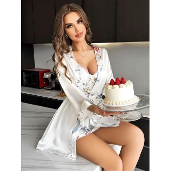 VipMarketim Özel Tasarım Çiçek Desenli Göğüs Dekolteli Sabahlıklı 2Li Beyaz Saten Gecelik Takımı