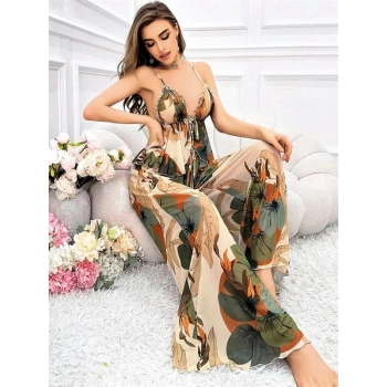 VipMarketim Özel Tasarım Çiçek Desenli Salaş Şık Dekolteli 2Li Takım