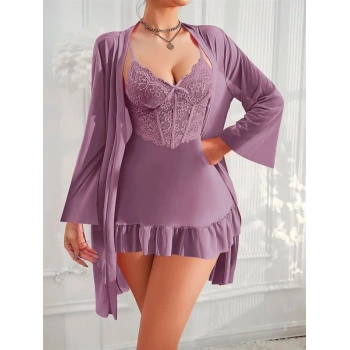 VipMarketim Özel Tasarım Dantel İşlemeli Fırfırlı Sabahlıklı 2Li Mor Gecelik Takımı