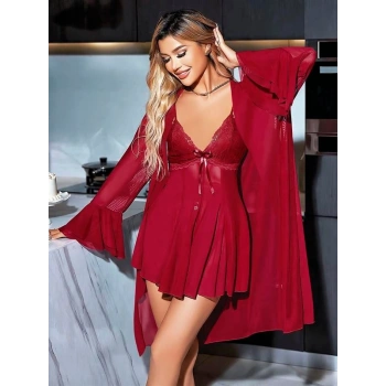 VipMarketim Özel Tasarım Dantel İşlemeli Göğüs Dekolteli Sabahlıklı Bordo 2Li Tül Gecelik Takımı