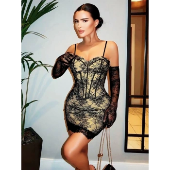 VipMarketim  Özel Tasarım Dantel İşlemeli Şık Eldivenli Siyah Fantezi Mini Club Elbisesi