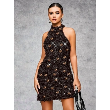 VipMarketim Özel Tasarım Gümüş Işıltılı Sırt Dekolteli Fantezi Mini Club Elbisesi