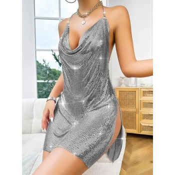 VipMarketim  Özel Tasarım Gümüş Payetli Zincir Detaylı Parlak Işıltılı Sırt Dekolteli Fantezi Mini Club Elbisesi