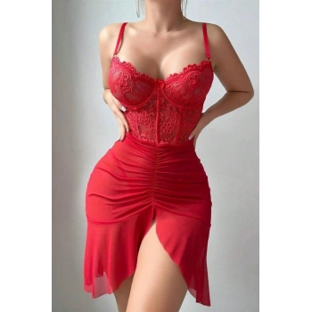 VipMarketim Özel Tasarım Kırmızı Dantel İşlemeli Korse Görünümlü Önden Büzgülü Fantezi Tül Gecelik