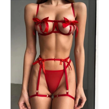 Vipmarketim Özel Tasarım Kırmızı Kurdela Detaylı Jartiyerli Fantezi Sütyen String Takımı