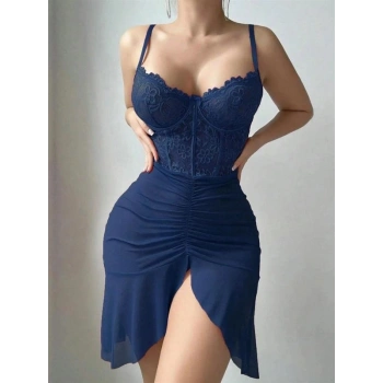 VipMarketim  Özel Tasarım Lacivert Dantel İşlemeli Korse Görünümlü Önden Büzgülü Fantezi Tül Gecelik
