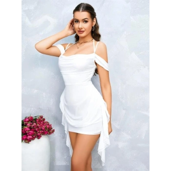 VipMarketim Özel Tasarım Omuz Detaylı Şık Beyaz Fantezi Mini Club Elbisesi