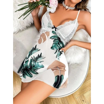 VipMarketim  Özel Tasarım Yaprak Desenli İnce Askılı Dantel İşlemeli Mini Saten Gecelik