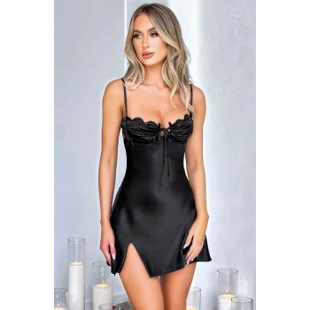 VipMarketim  Özel Tasarım Yırtmaçlı İnce Askılı Dantel İşlemeli Siyah Mini Saten Gecelik