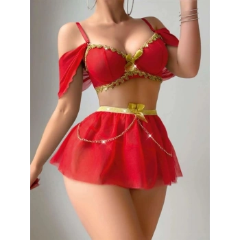 Vipmarketim Özel Tasarım Zincir Detaylı Kırmızı Fantezi Kostüm