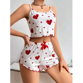 VipMarketim  Pamuklu Beyaz Üstüne Kırmızı Kalp Desenli Askılı Şortlu Pijama Takımı