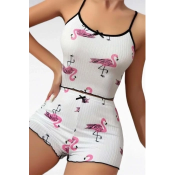 VipMarketim  Pamuklu Beyaz Üstüne Pelikan Desen Fitilli Askılı Şortlu Pijama Takımı