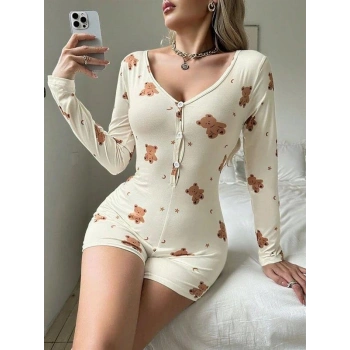 VipMarketim  Pamuklu Ekru Ayıcık Desenli Düğmeli Tulum Pijama