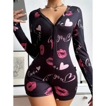 Vipmarketim Pamuklu Kırmızı Öpücük Ve Kalp Desenli Düğmeli Uzun Kol Tulum Pijama