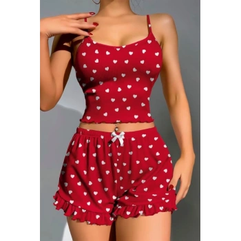 VipMarketim  Pamuklu Kırmızı Üstüne Beyaz Kalp Desen Fitilli Askılı Şortlu Pijama Takımı