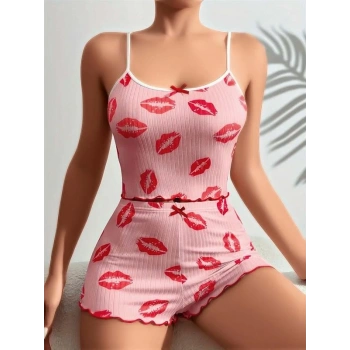 VipMarketim  Pamuklu Kiss Öpücük Desen Pembe Şortlu Pijama Takımı