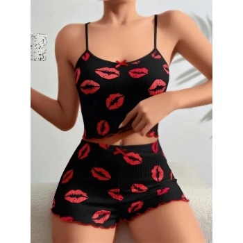 VipMarketim Pamuklu Kiss Öpücük Desen Siyah Fitilli Şortlu Pijama Takımı