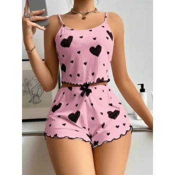 VipMarketim  Pamuklu Pembe Üstüne Siyah Kalp Desenli Askılı Fitilli Şortlu Pijama Takımı