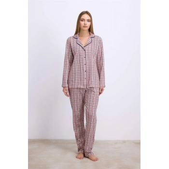 VipMarketim Pamuklu Uzun Kol Düğmeli Gömlek Ve Ekose Pantolon Pijama Takımı