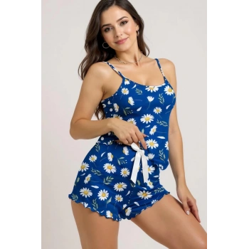 VipMarketim Papatya Desenli Mavi Askılı Şortlu Pijama Takımı