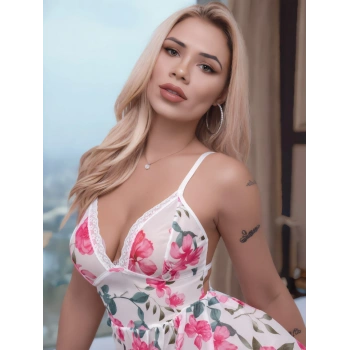 VipMarketim Pembe Çiçek Desenli Dantel Gecelik