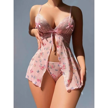 VipMarketim  Pembe Dantel İşlemeli Çiçek Desenli Fantezi Gecelik