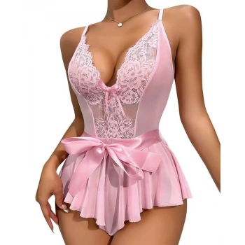 VipMarketim  Pembe Dantel İşlemeli Kurdelalı Fantezi Tül Babydoll