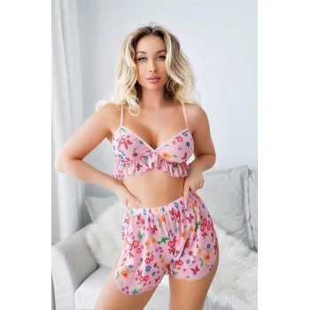 Vipmarketim Pembe Desenli Fantezi Tül Şortlu Sütyen Takımı