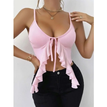 VipMarketim  Pembe İnce Askılı Önden Bağlamalı Fırfır Detaylı Crop