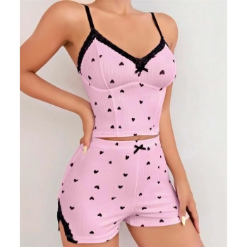 VipMarketim Pembe Kalp Desenli Askılı Şortlu Pijama Takım