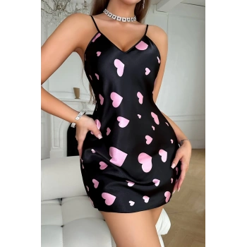 VipMarketim Pembe Kalp Desenli Siyah Saten Gecelik