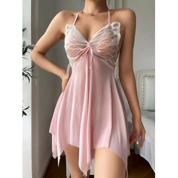 VipMarketim Pembe Kelebek İşlemeli Tül Fantezi Gecelik