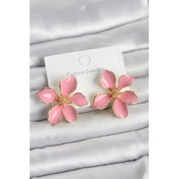 VipMarketim Pembe Mineli Çiçek Model Pirinç Kadın Küpe 5886