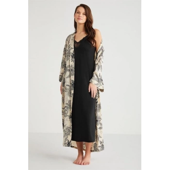 VipMarketim Penye Mood %100  Viskon Çiçek Desen 2li Sabahlık Gecelik Takımı