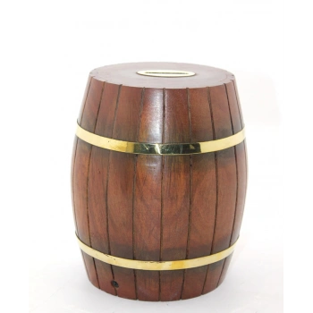 VipMarketim Pirinç Ahşap Fıçı Kumbara 18 Cm